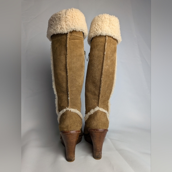 UGG Australia Aubrie Tan Suede Wood Wedge Heel Size 6 Winter Boots Women - Picture 4 of 11